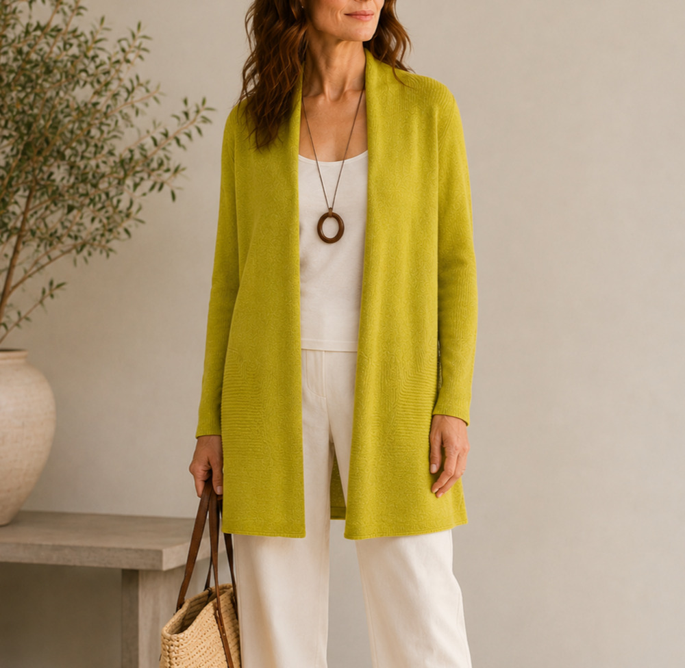 EILEEN FISHER Italian Wool Open Front Cardigan Sweater Large Lime Green Longline